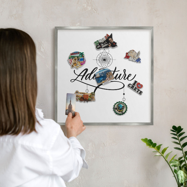 Souvenir magnet display board with a silver frame Typographic Adventure
