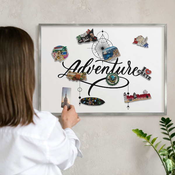 Souvenir magnet display board with a silver frame Typographic Adventure
