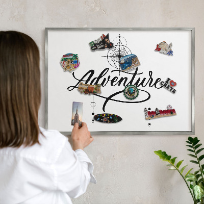 Souvenir magnet display board with a silver frame Typographic Adventure