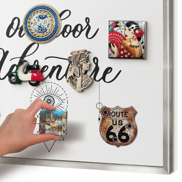 Souvenir magnet display board with a silver frame Outdoor Adventure