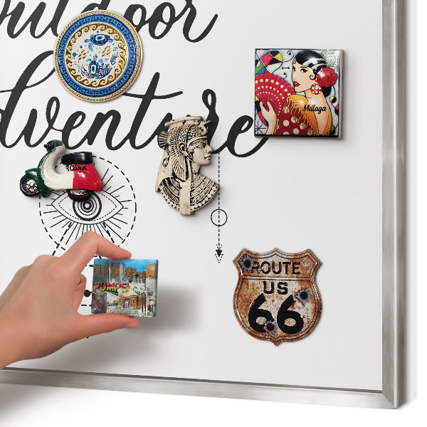 Souvenir magnet display board with a silver frame Outdoor Adventure
