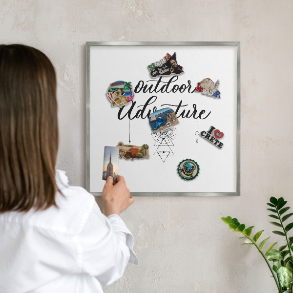 Souvenir magnet display board with a silver frame Outdoor Adventure