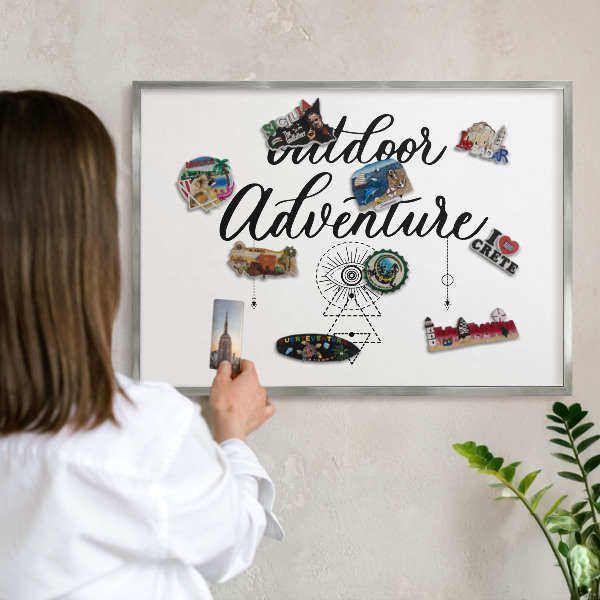 Souvenir magnet display board with a silver frame Outdoor Adventure