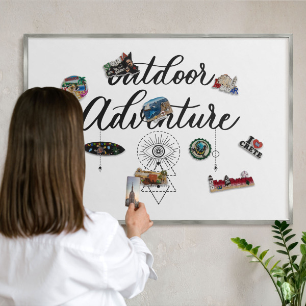 Souvenir magnet display board with a silver frame Outdoor Adventure