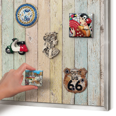 Souvenir magnet display board with a silver frame Rustic boards