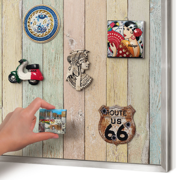 Souvenir magnet display board with a silver frame Rustic boards