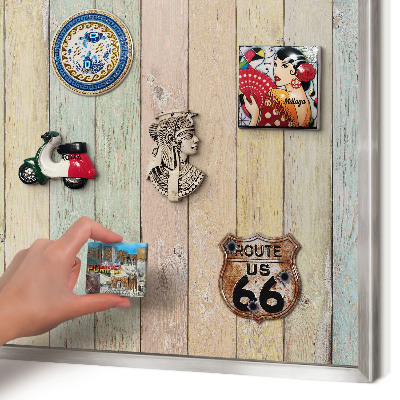Souvenir magnet display board with a silver frame Rustic boards