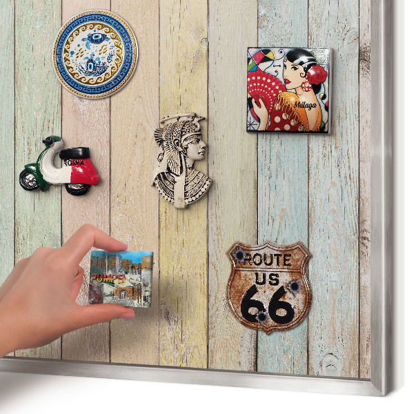 Souvenir magnet display board with a silver frame Rustic boards