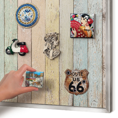 Souvenir magnet display board with a silver frame Rustic boards