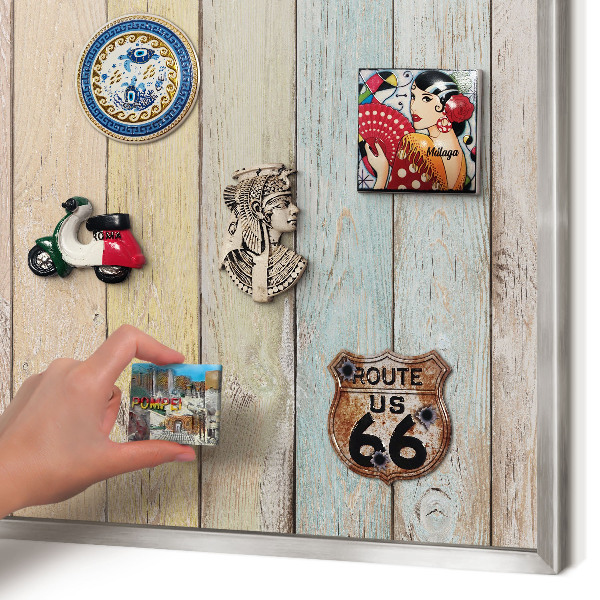 Souvenir magnet display board with a silver frame Rustic boards