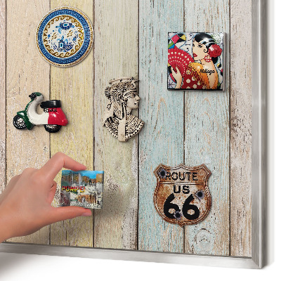 Souvenir magnet display board with a silver frame Rustic boards