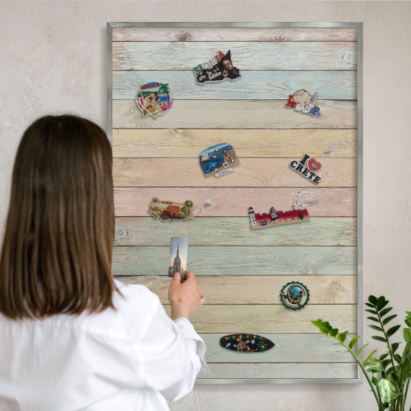 Souvenir magnet display board with a silver frame Rustic boards
