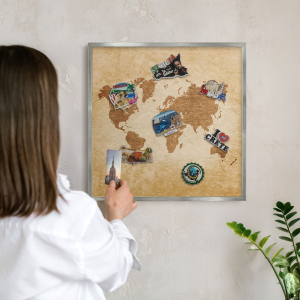 Printed magnet board in a silver frame Vintage map