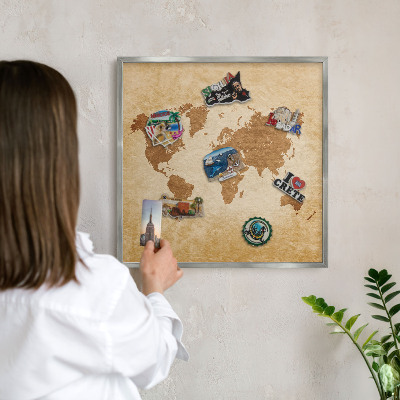 Printed magnet board in a silver frame Vintage map