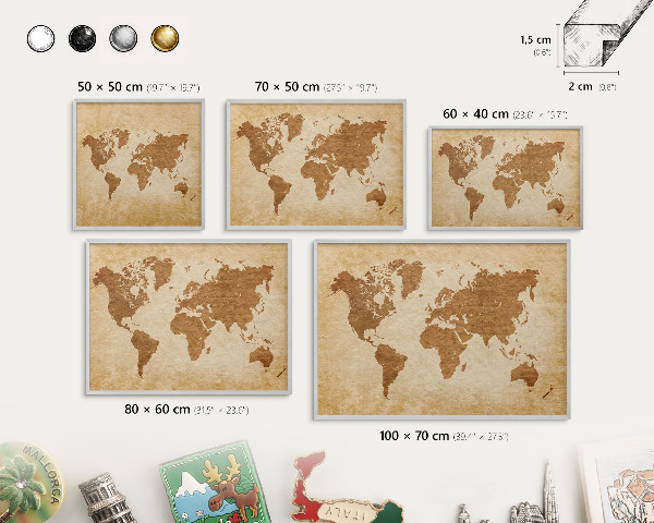 Printed magnet board in a silver frame Vintage map