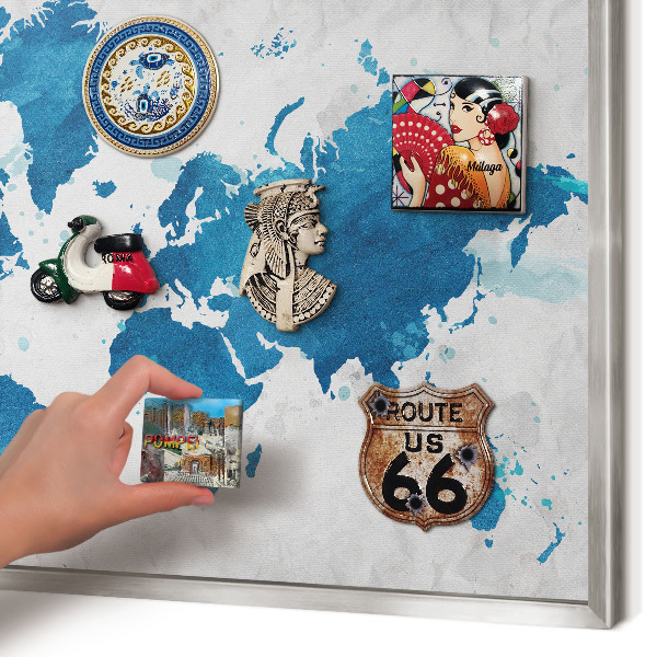 Souvenir magnet display board with a silver frame Watercolor map