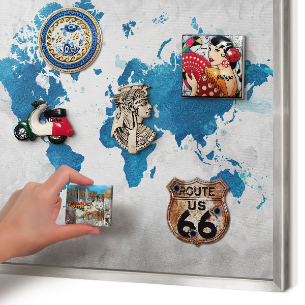 Souvenir magnet display board with a silver frame Watercolor map