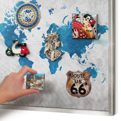 Souvenir magnet display board with a silver frame Watercolor map
