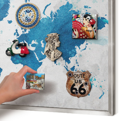 Souvenir magnet display board with a silver frame Watercolor map