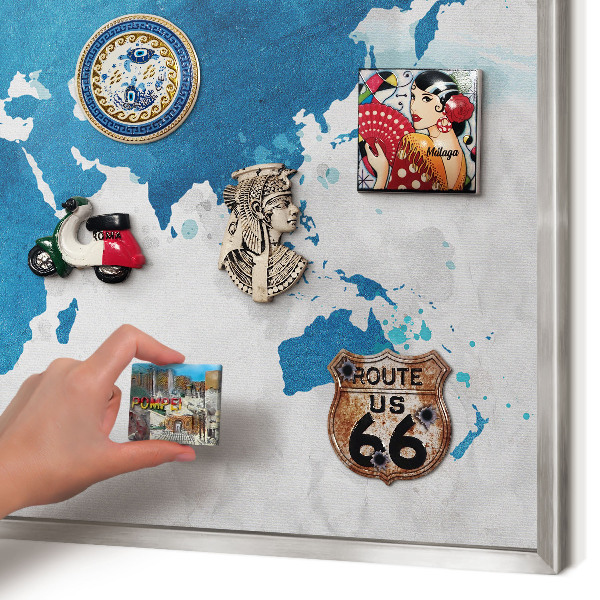 Souvenir magnet display board with a silver frame Watercolor map