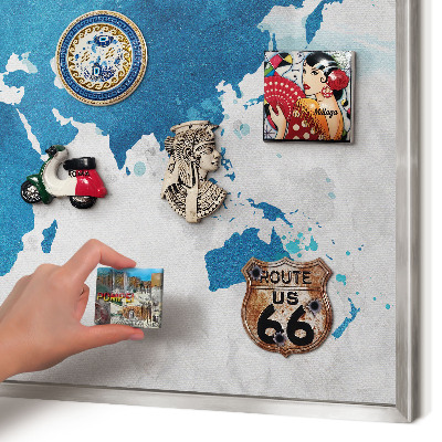 Souvenir magnet display board with a silver frame Watercolor map