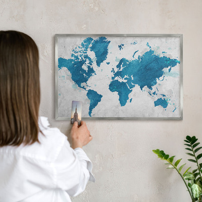 Souvenir magnet display board with a silver frame Watercolor map