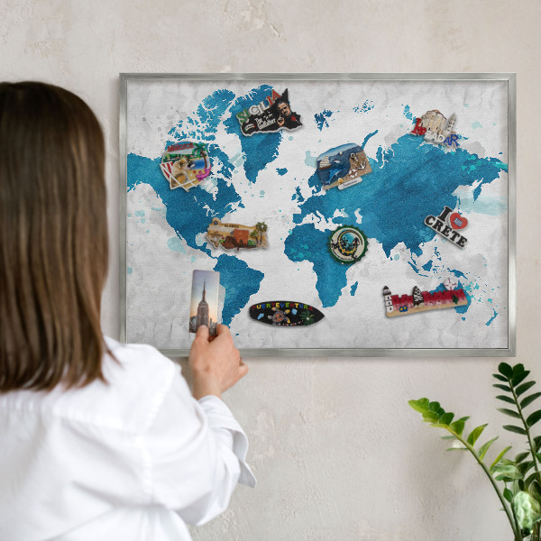 Souvenir magnet display board with a silver frame Watercolor map