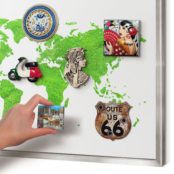 Souvenir magnet display board with a silver frame Green map