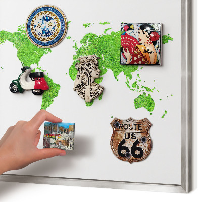 Souvenir magnet display board with a silver frame Green map