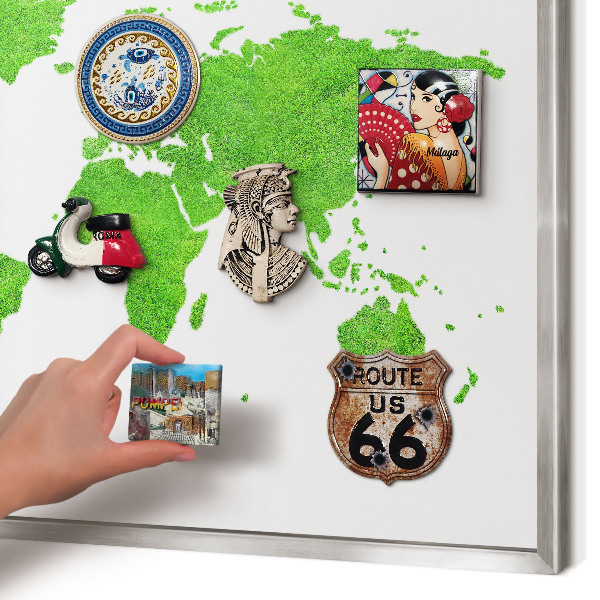 Souvenir magnet display board with a silver frame Green map