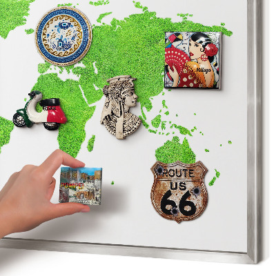Souvenir magnet display board with a silver frame Green map
