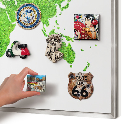 Souvenir magnet display board with a silver frame Green map