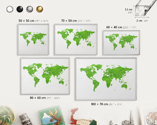 Souvenir magnet display board with a silver frame Green map