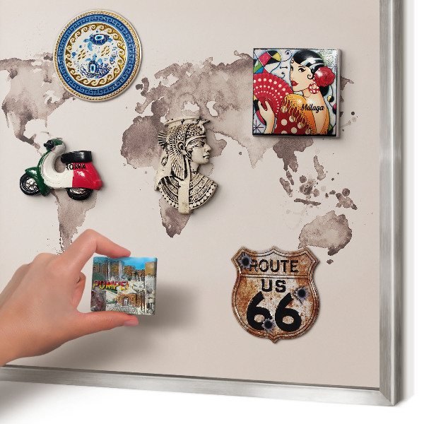 Printed magnet board in a silver frame World map