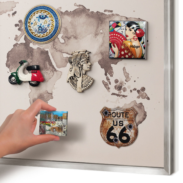 Printed magnet board in a silver frame World map