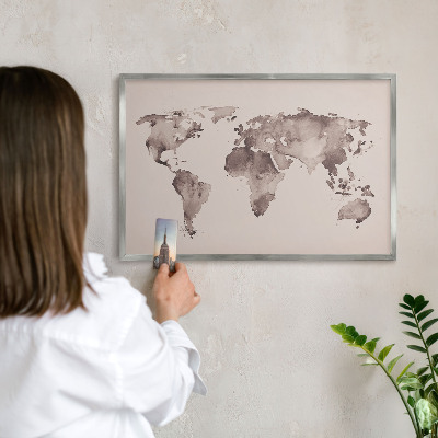 Printed magnet board in a silver frame World map