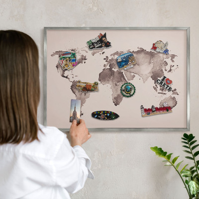 Printed magnet board in a silver frame World map