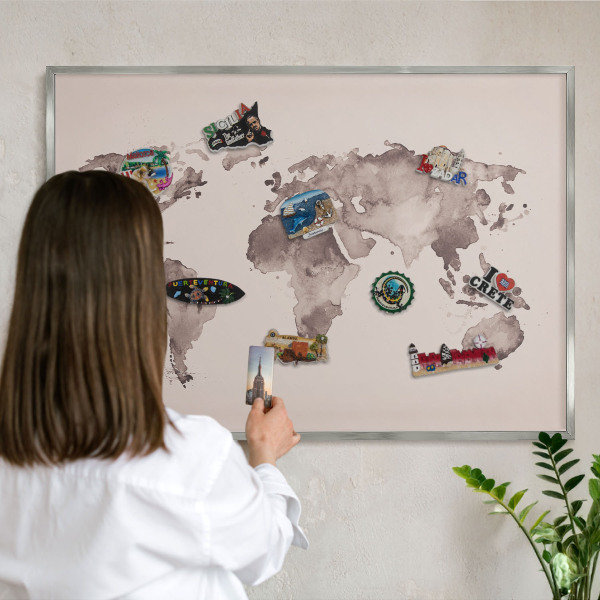 Printed magnet board in a silver frame World map