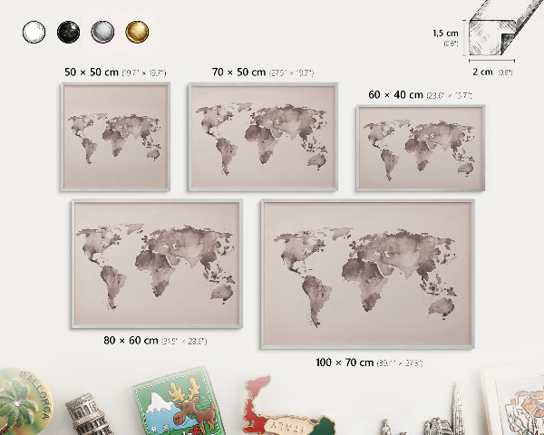 Printed magnet board in a silver frame World map