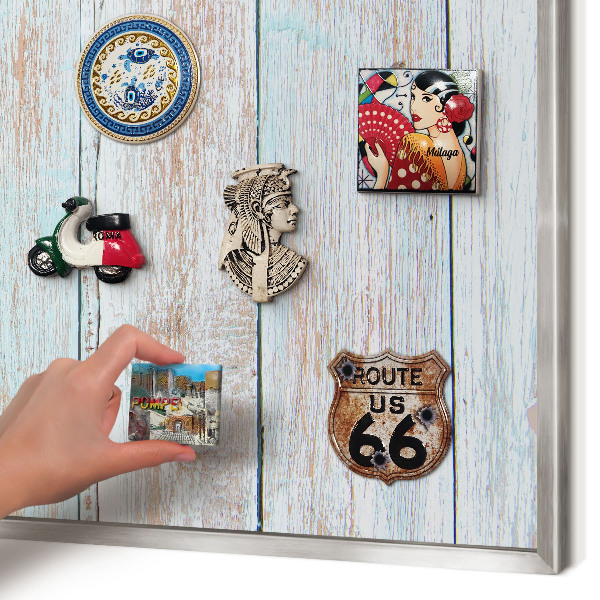 Souvenir magnet display board with a silver frame Rustic boards