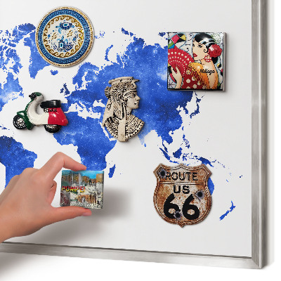 Printed magnet board in a silver frame World map