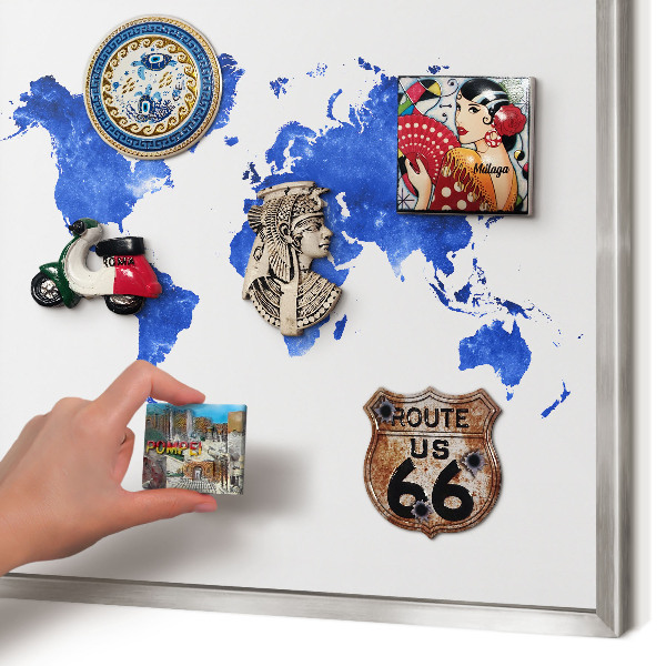 Printed magnet board in a silver frame World map