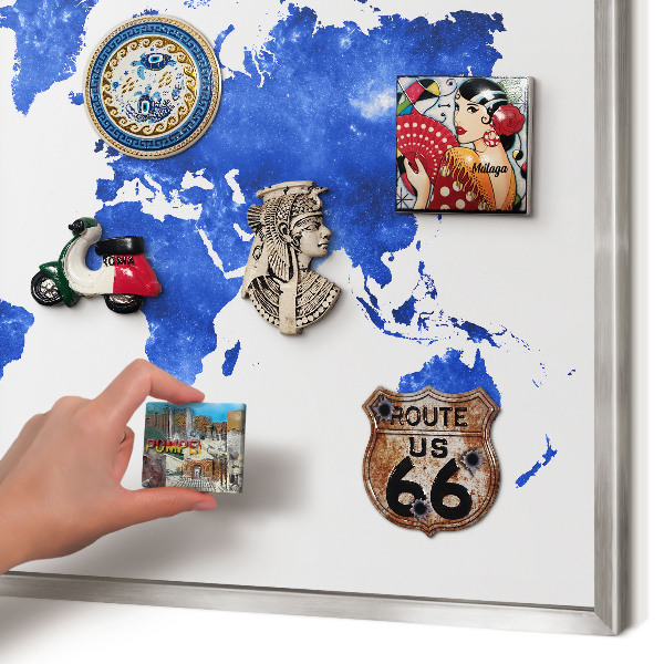 Printed magnet board in a silver frame World map