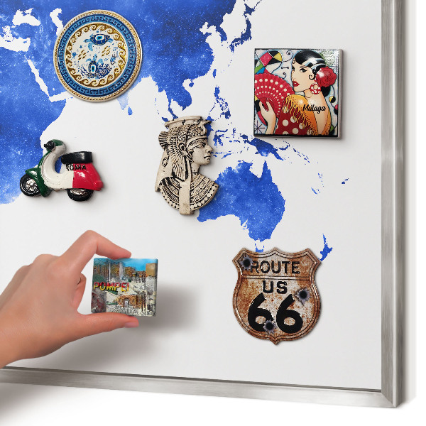 Printed magnet board in a silver frame World map
