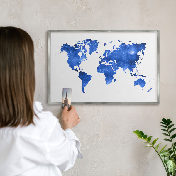Printed magnet board in a silver frame World map