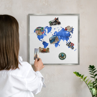 Printed magnet board in a silver frame World map