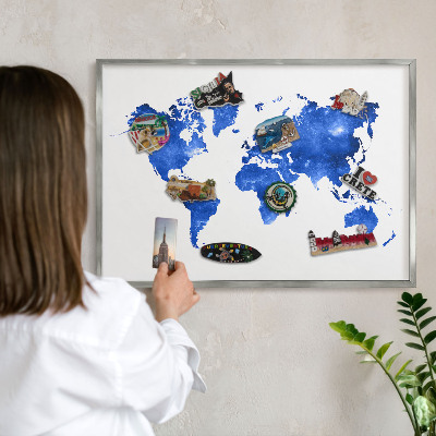 Printed magnet board in a silver frame World map
