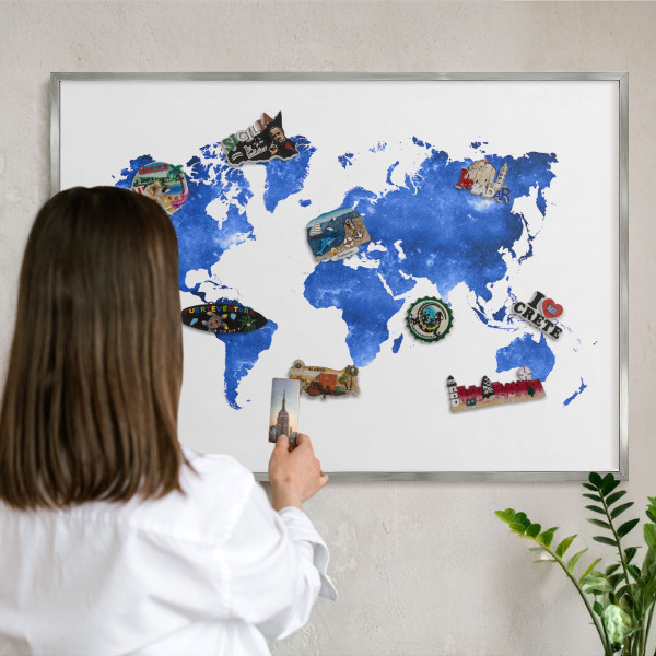 Printed magnet board in a silver frame World map