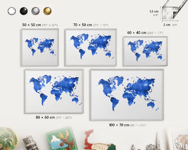 Printed magnet board in a silver frame World map