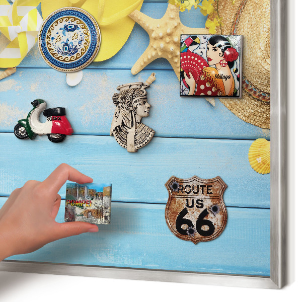Souvenir magnet display board with a silver frame Beach vibe